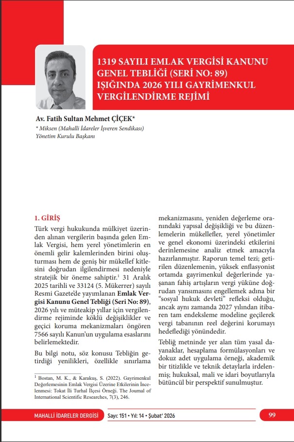 “Mahalli İdareler Kamu İşveren Sendikası Başkanımız Av. Fatih Sultan Mehmet Çiçek’in Emlak Vergisine dair kapsamlı makalesi