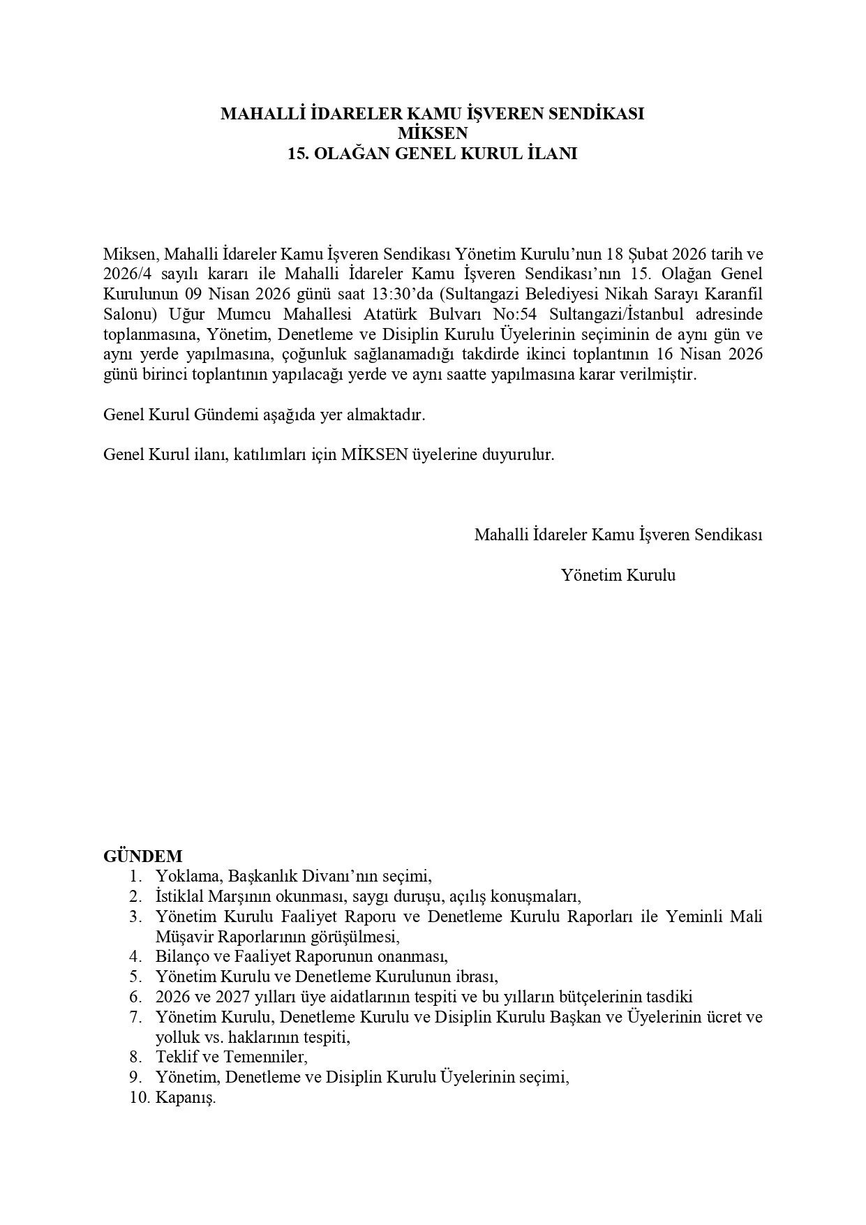 MAHALLİ İDARELER KAMU İŞVEREN SENDİKASI (MİKSEN) 15. OLAĞAN GENEL KURUL İLANI